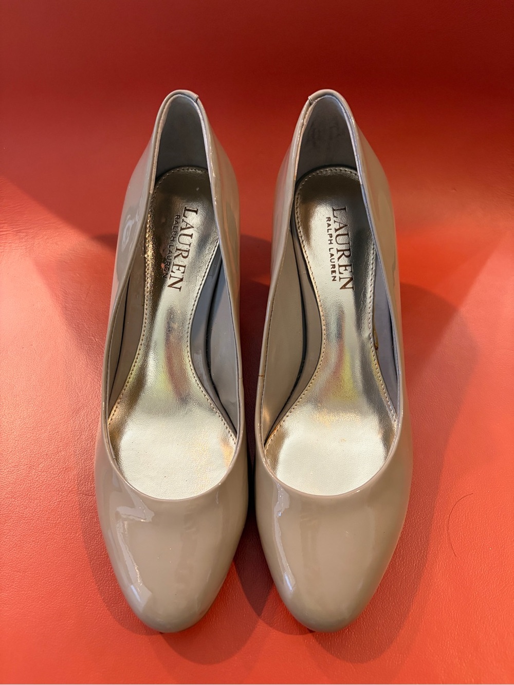 Lauren Ralph Lauren Beige Patent Round-Toe Pumps